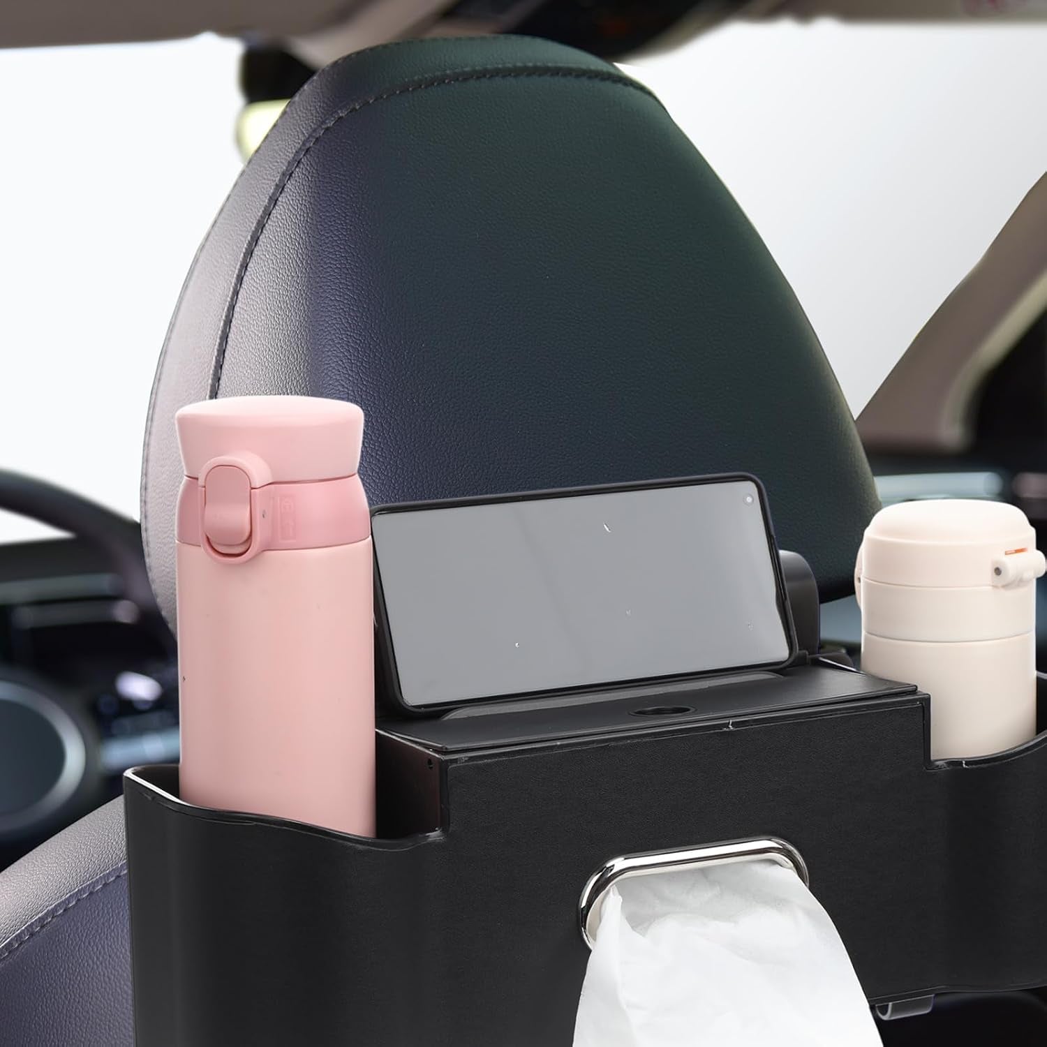 Organizador De Asiento Trasero Para Coche (2 Uds) — Portavasos, Porta-Pañuelos Y Ganchos, Protege El Respaldo