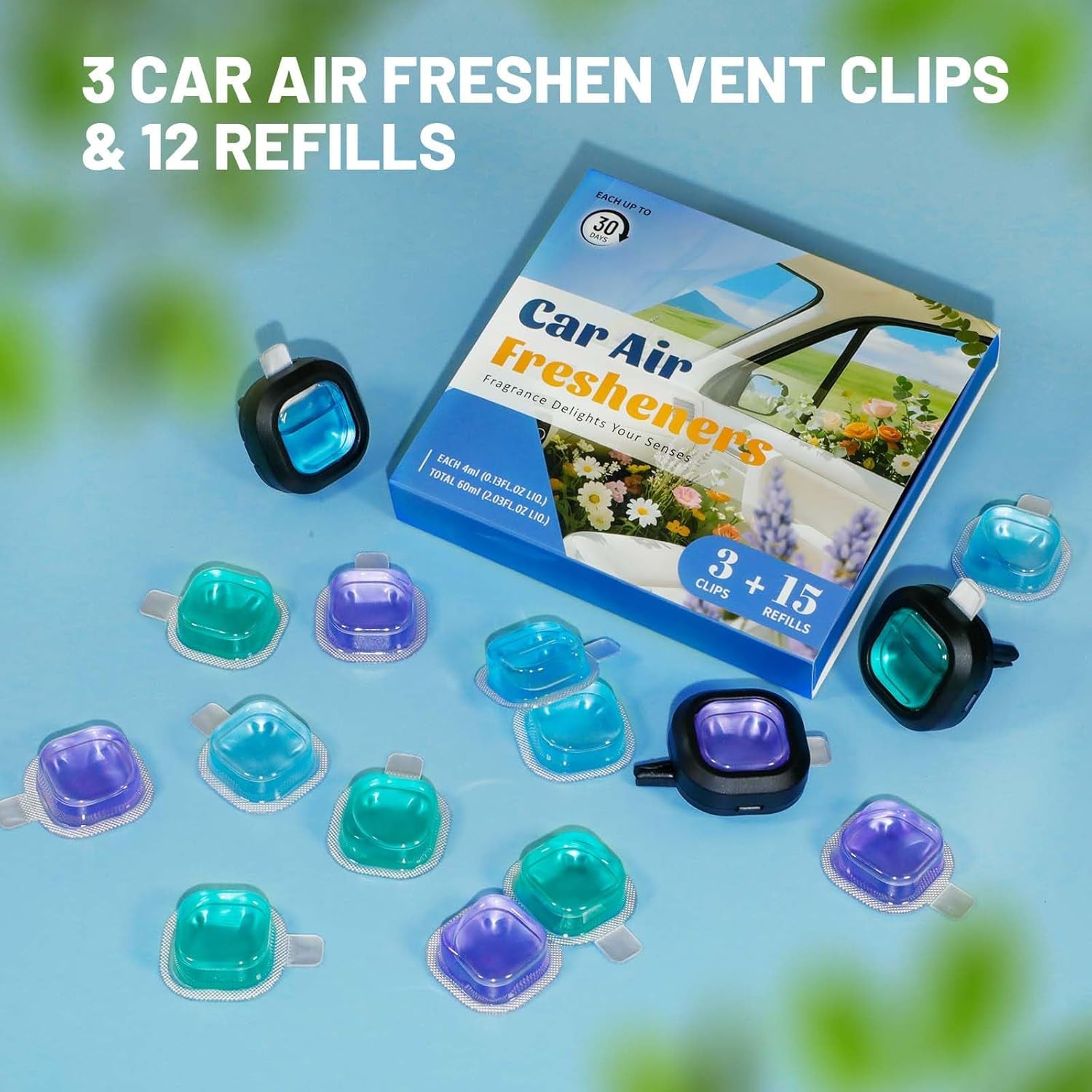 Ambientador De Coche Con 12 Recambios Y 3 Clips De Rejilla — Aroma Duradero Meses, Discreto