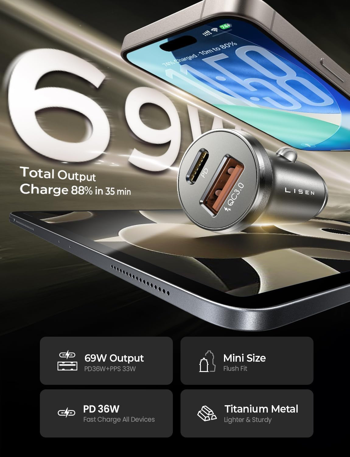 Cargador De Coche USB-C De Carga Rápida — Adaptador De Mechero Con Doble Puerto Para Iphone Y Android
