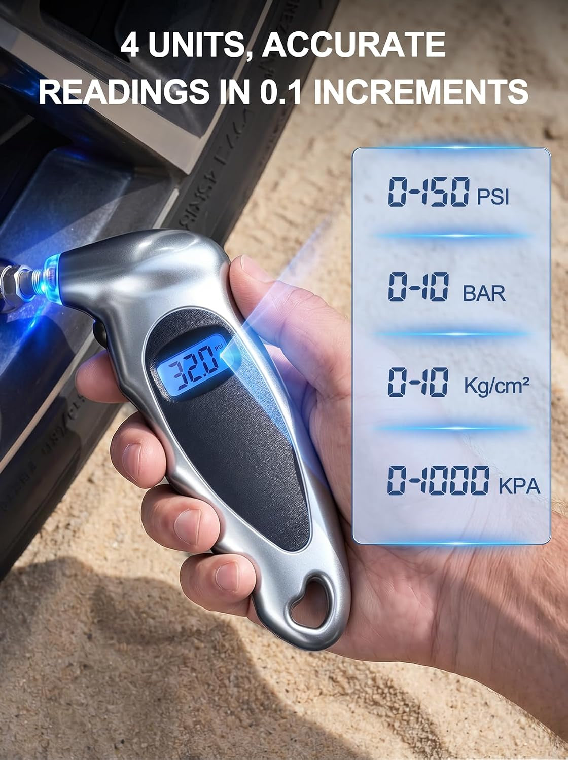 Manómetro Digital De Presión De Neumáticos 150 PSI — Lectura Precisa Con Pantalla LCD Retroiluminada Para Coche, Moto Y Bici
