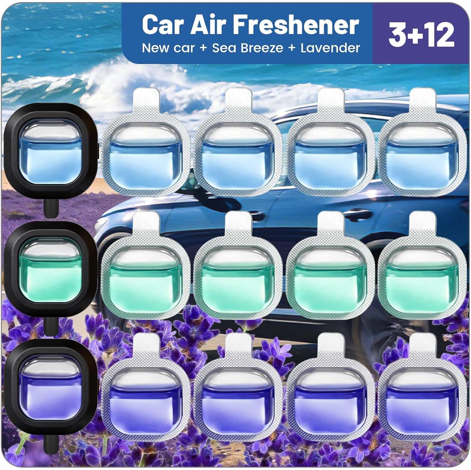 Ambientador De Coche Con 12 Recambios Y 3 Clips De Rejilla — Aroma Duradero Meses, Discreto