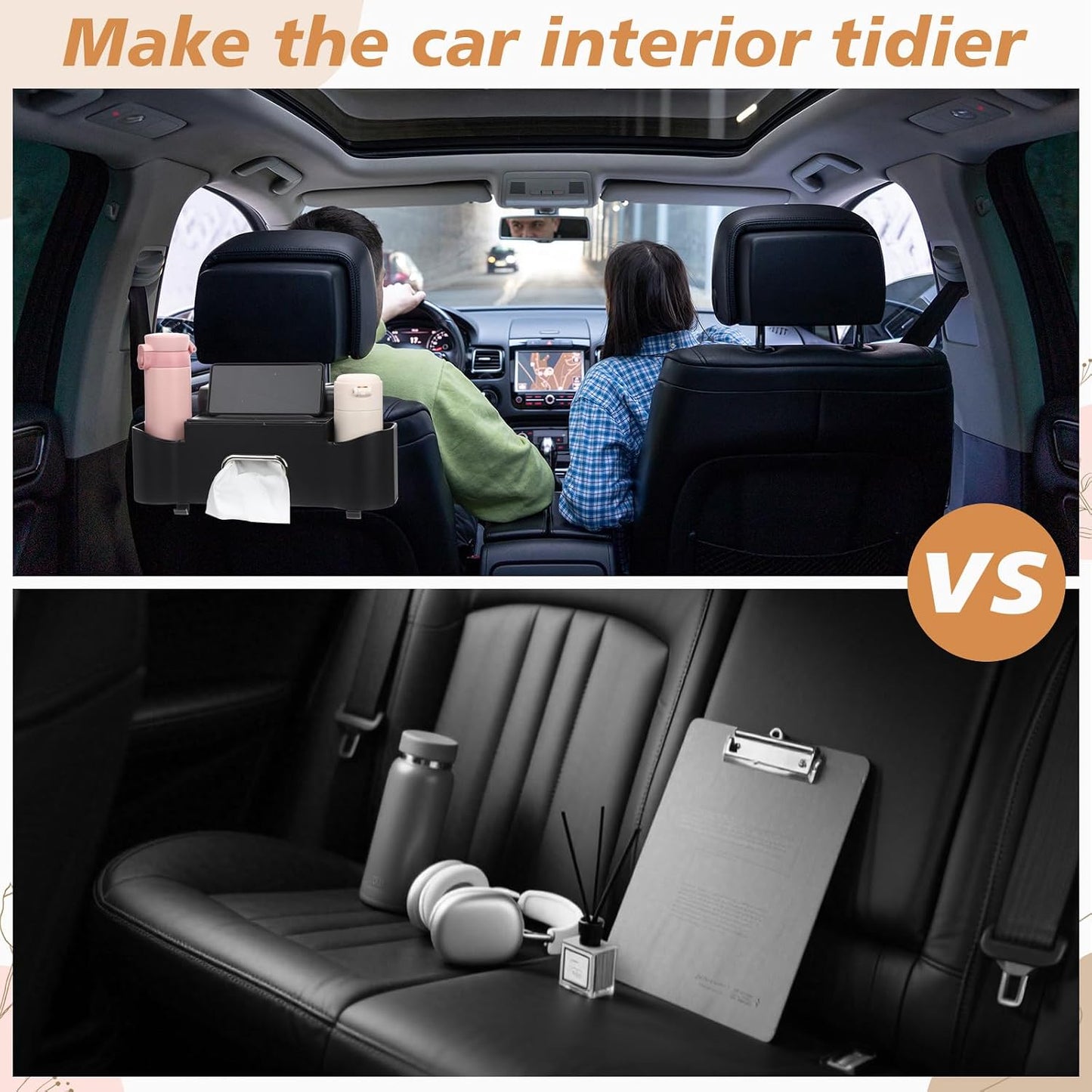 Organizador De Asiento Trasero Para Coche (2 Uds) — Portavasos, Porta-Pañuelos Y Ganchos, Protege El Respaldo
